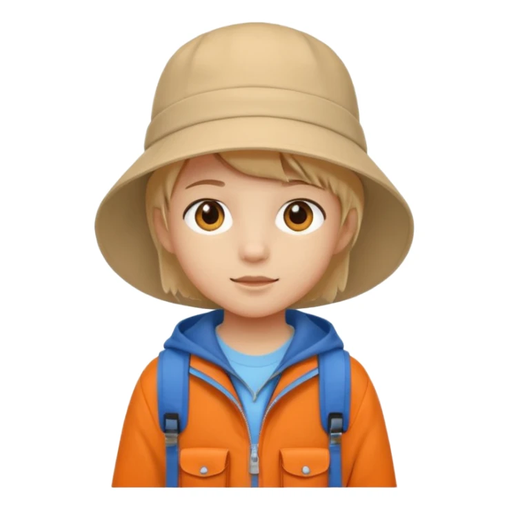 A little student with beige bucket hat, orange jacket, blue backpack sticker