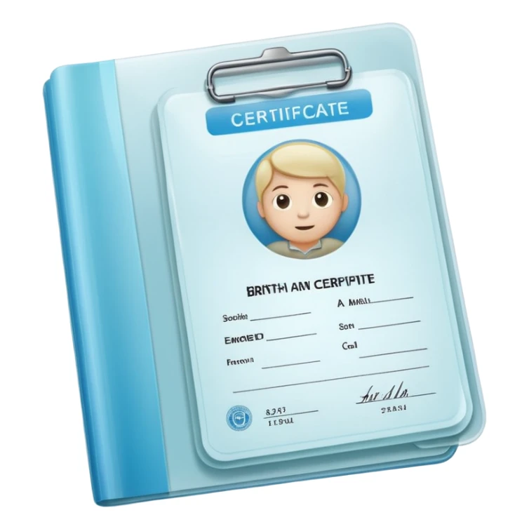A simple emoji-style icon of a transparent plastic folder, clean and minimal, with rounded corners, subtle translucency, soft shading, and a small official documents symbol representing birth certificate, and SS. sticker