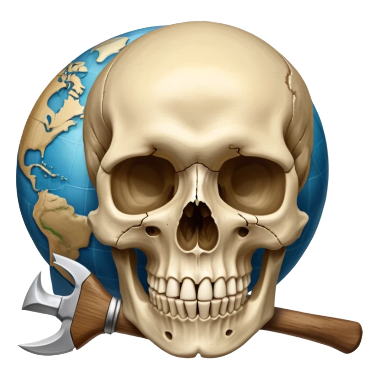 An icon featuring a human skull and fossilized bones, symbolizing the study of anthropology. The design includes archaeological tools like a pickaxe and brush, with a background of ancient artifacts and a globe. Transparent background emphasizes the exploration of human history and evolution. sticker