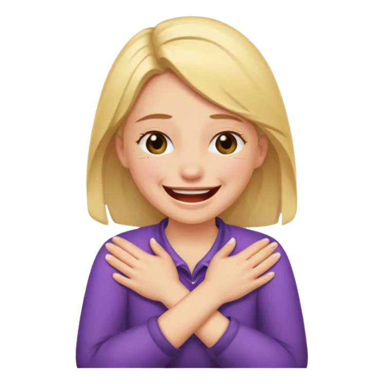 Girl laughing and crying with crossed hands holding neck sticker