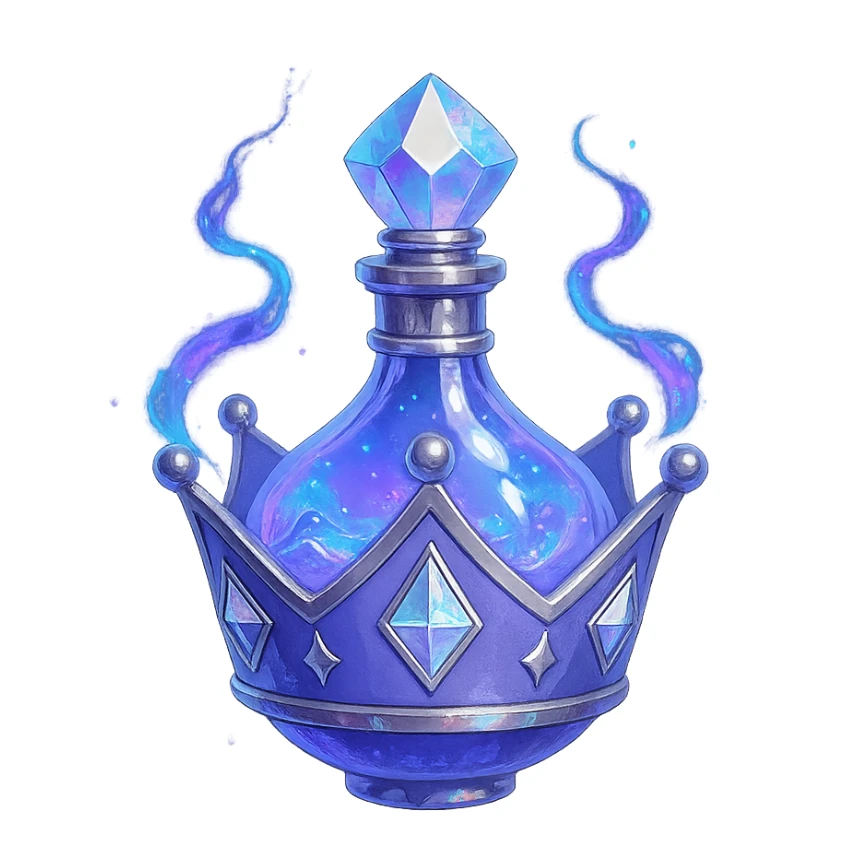 mažas prabangus eliksyro buteliukas, karūnėlės forma, spalva #7986cb, sidabrinės ir holografinės detalės, maksimaliai ryškūs magiški efektai, labai mažas kaklelis, vientisas dugnas, buteliukas plūduriuoja ore, be pagrindo ar šešėlio, modernus, kolekcijai tinkamas sticker