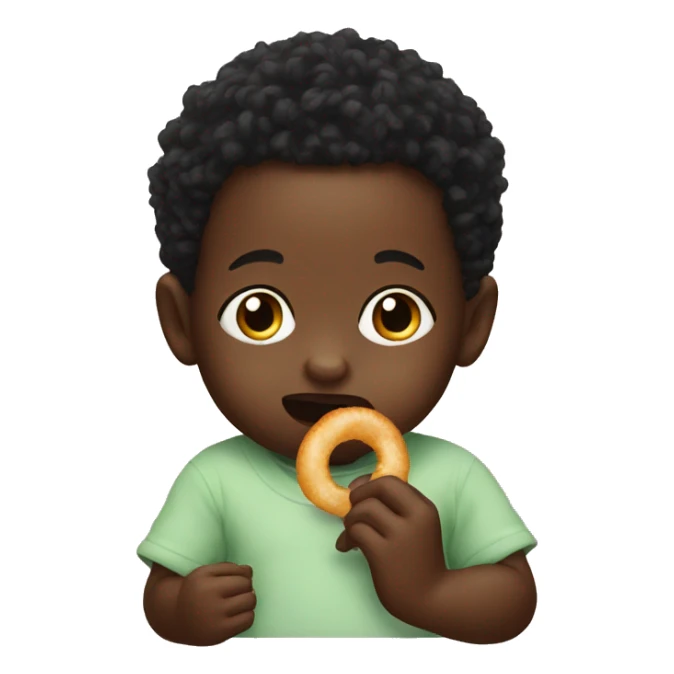 A black baby eating a onion ring sticker