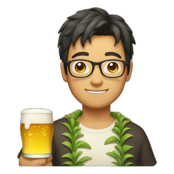 Japanese wearing glasses alohashirt is holding beer sticker