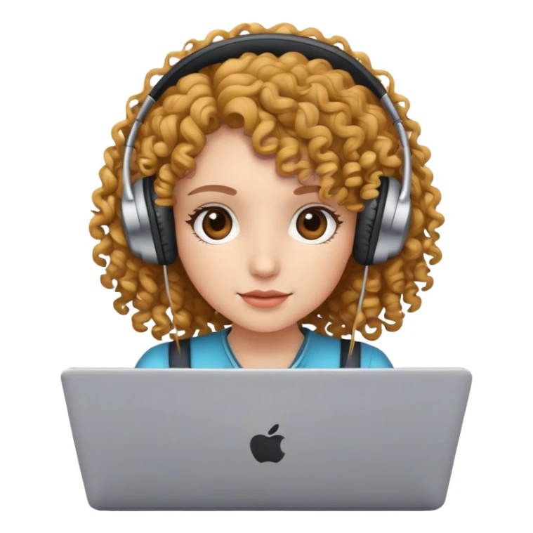 curly hair girl with headphones and a laptop sticker
