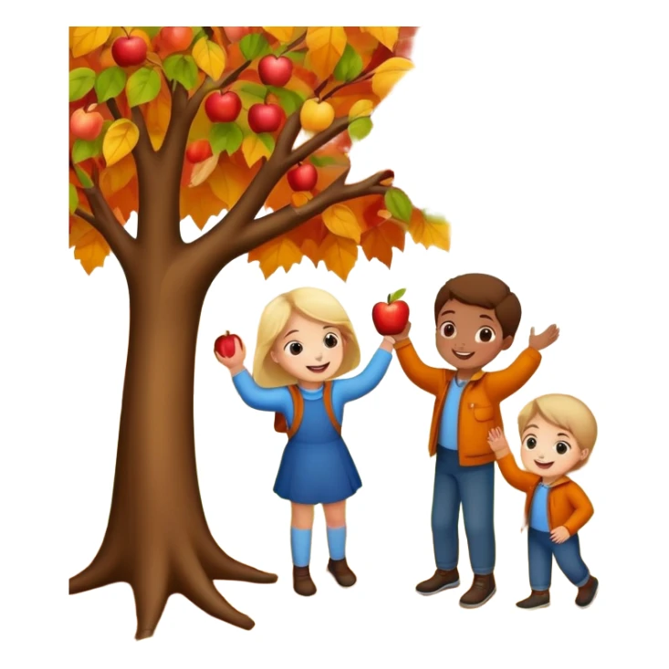 kids picking apples from a tree in autumn, colorful fall leaves, cheerful expressions sticker