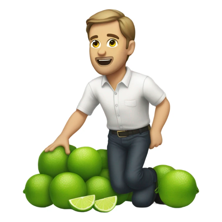 The same white man with brown hair bending down to pick up many fallen limes on the floor . No facial hair at all sticker