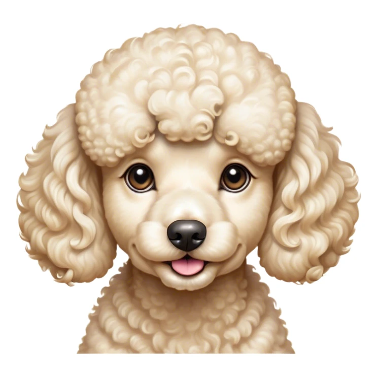 Cinematic Cute Cream Poodle Portrait Emoji, Head tilted playfully and inquisitively, showcasing a bouncy, curly cream Fur with a luminous sheen, round, sparkling warm eyes filled with curiosity, Simplified yet irresistibly adorable features, highly detailed, glowing with a warm, friendly glow, high shine, affectionate and lively, stylized with a touch of whimsy, bright and endearing, soft glowing outline, capturing the essence of a mischievous yet loving companion, so playful it feels like it could bounce out of the screen and into your arms! sticker