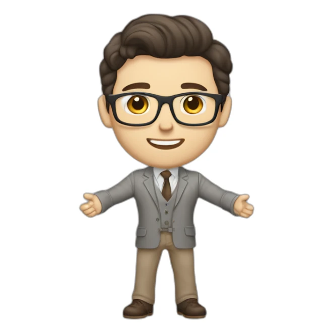 Full height Pale skinned Fit Man With dark brown hair in gray classic jacket, beige office shirt, Brown pants and vintage glasses. Thrumbs of his palms upwards sticker