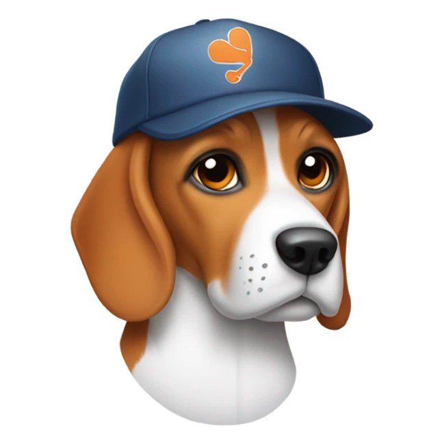 beagle wearing an orange baseball hat with a white t on it sticker