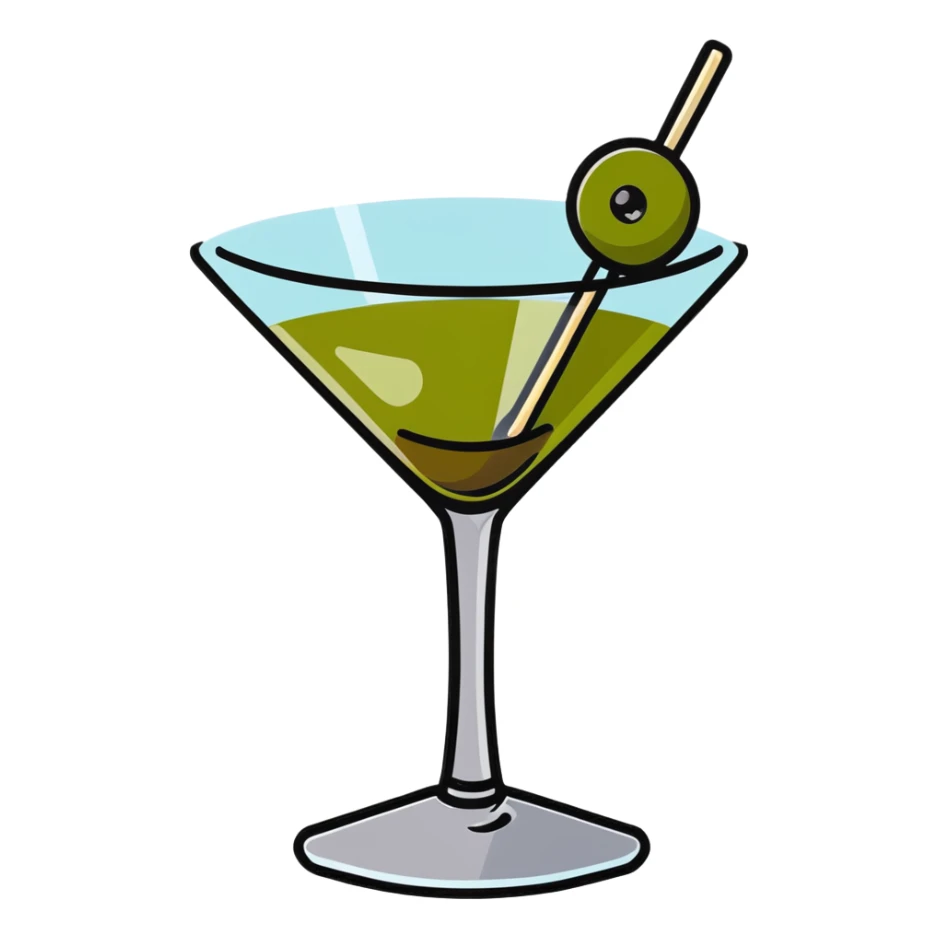 martini glass with crystal clear transparent liquid and an olive at the bottom skewered by a toothpick sticker