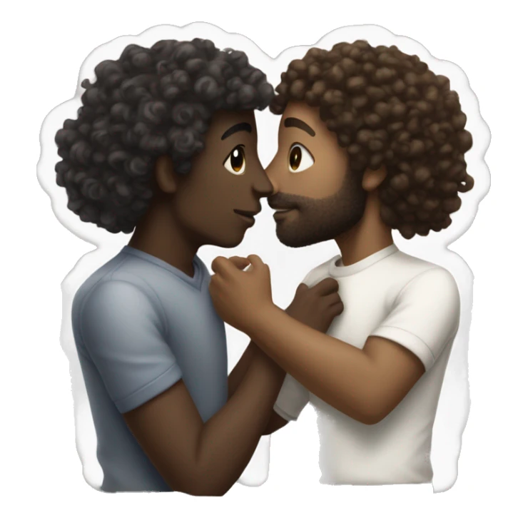 Dark skinned guy curly hair kissing a white guy with silky hair sticker
