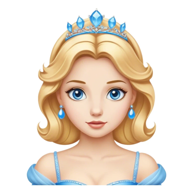 Cinematic Realistic Comical Cinderella Portrait, with every detail rendered realistically—from the soft, smooth texture of her fair skin to her artfully styled golden-blonde hair. Her bright blue eyes are wide with playful disbelief, and her expression carries a touch of whimsical humor while retaining elegant poise. Her classic ball gown, detailed with rich fabric textures and natural shadows, catches the light in a way that blends refined beauty with a hint of cheeky mischief, creating a striking, lifelike portrayal. sticker