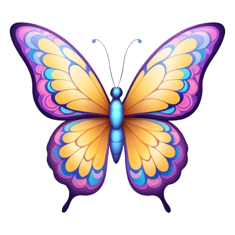 Cinematic Elegant Butterfly Portrait Emoji, Poised and ethereal, with delicate, intricately patterned wings in a kaleidoscope of soft, vibrant colors, a slender, graceful body, and gentle, observant eyes, Simplified yet exquisitely delicate features, highly detailed, glowing with a soft, radiant luminescence, high shine, intelligent and enchanting, stylized with an air of whimsical floral elegance, focused and poised, soft glowing outline, capturing the essence of a watchful butterfly that appears ready to flutter out of the screen with magical grace! sticker