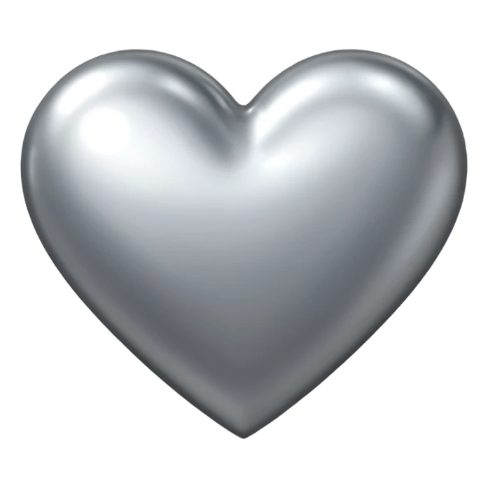 Liquid chrome heart emoji, silver metallic color, iOS emoji style, smooth reflective surface, rounded shape, realistic highlights, minimal background sticker