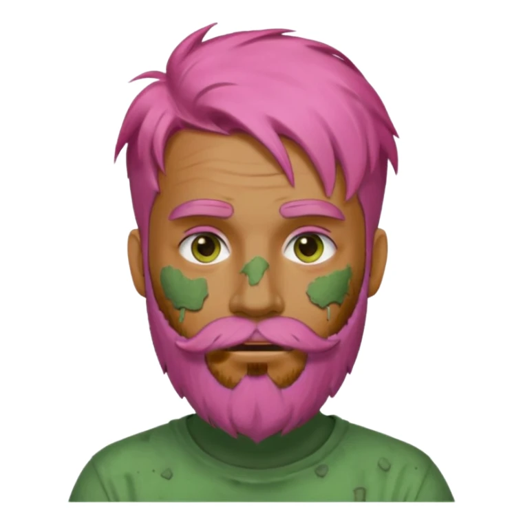 pink haired man with full full face dirty messy green clay mask and beard sticker