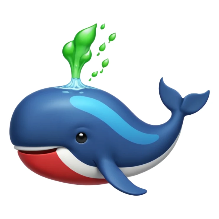 spouting whale emoji, in blue, red, green, black, yellow sticker