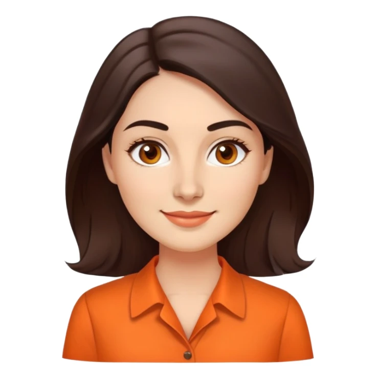 Professional woman in her 30s with light complexion, oval face, gentle features, large dark brown eyes, well-formed medium eyebrows, small nose, warm friendly smile, long slightly wavy dark brown hair, wearing a bright orange dress shirt sticker