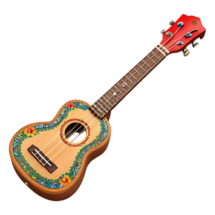 Create a vibrant and artistic emoji representing a ukulele with a Mexican design. The ukulele should feature a bright, colorful body with traditional Mexican patterns, such as geometric shapes, floral motifs, or colorful stripes. Use rich, warm tones like red, yellow, green, and blue to give the instrument a lively, festive look. Highlight the wood grain of the ukulele’s neck and fingerboard, and add subtle details like decorative inlays or a small Mexican flag symbol on the body. The strings should be clearly visible, and the instrument should be in a slightly angled position to showcase its unique design. The background should be transparent. sticker