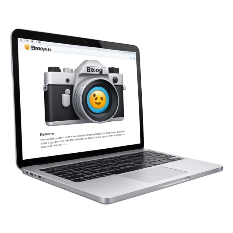 Create an emoji representing blogging. The design should feature an open laptop with a visible blog post on the screen, showing text. Add a photo or video camera to emphasize multimedia content. Do not include any emojis or smiley faces. Make the background transparent. sticker