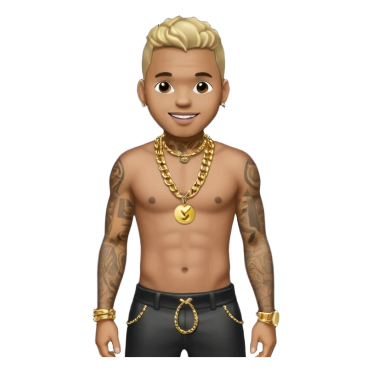 Chris Brown with metallic black pants, shirtless with necklace sticker