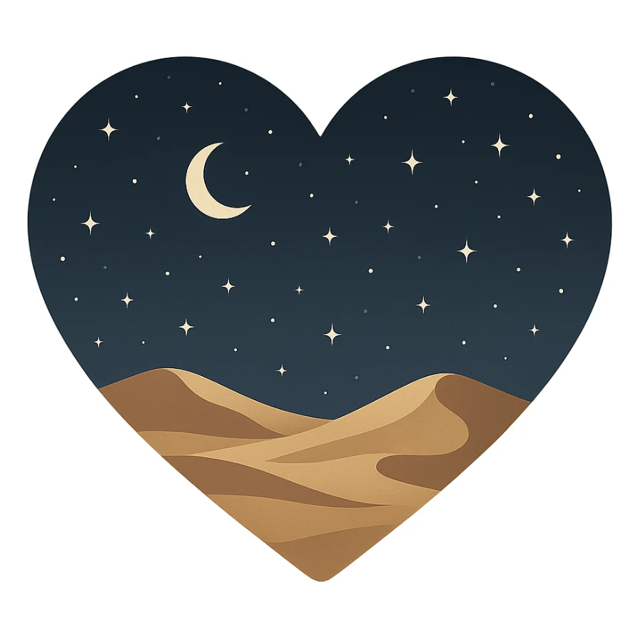 heart with a starry desert night theme, clean digital illustration sticker
