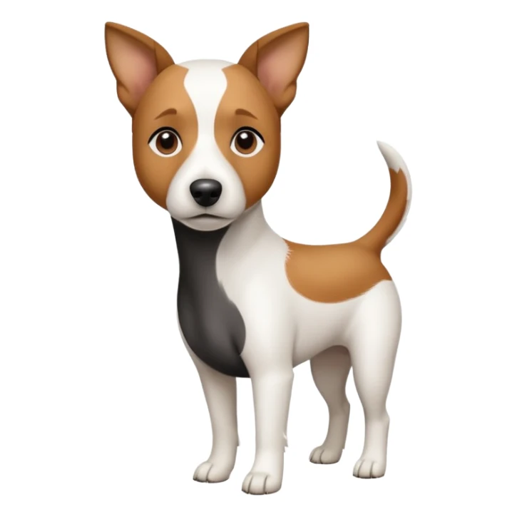 a full body white jack russel looking dog the size of a kelpie with light brown ears and a light brown patch on one eye and a large snout sticker