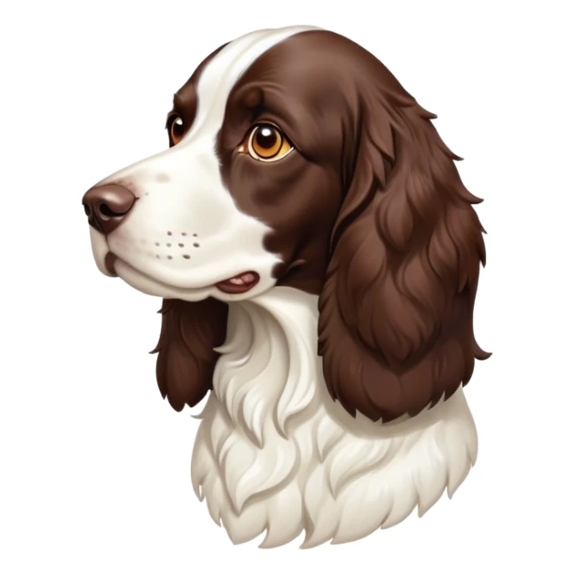 Cinematic Noble Springer Spaniel Portrait Emoji, Poised and regal, with a medium build and a glossy, well-groomed Fur of rich liver and white, deep-set soulful brown eyes, Simplified yet sharp and sophisticated features, highly detailed, glowing with a soft, dignified glow, high shine, intelligent and alert, stylized with an air of grace, focused and attentive, soft glowing outline, capturing the essence of a watchful and confident companion, so majestic it feels as though it could bound out of the screen with effortless authority! sticker