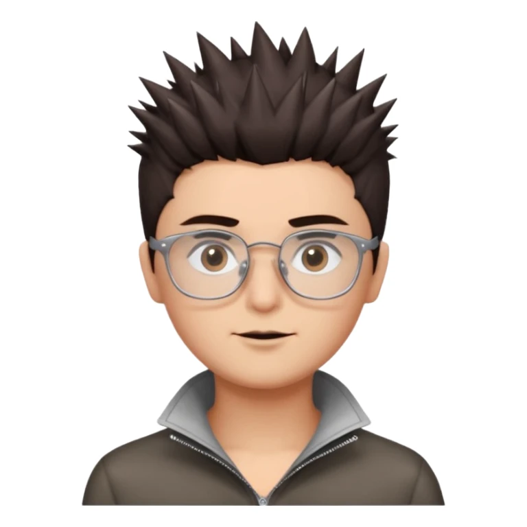 personagem com corte de cabelo espetadinho curto indo até o pescoço, cabelo castanho escuro, olho castanho escuro, sombrancelha castanho escuro, óculos sem aro prata quadrado. rosto fino sticker