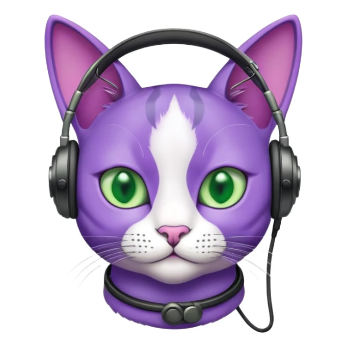 purple cat with green eyes and headphones like a pilot sticker