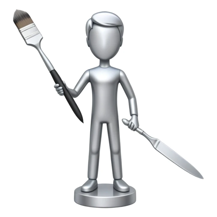 A paintbrush that transforms into a human metal silver silhouette sculpture, symbol of artistic identity, with a polished silver metallic finish sticker