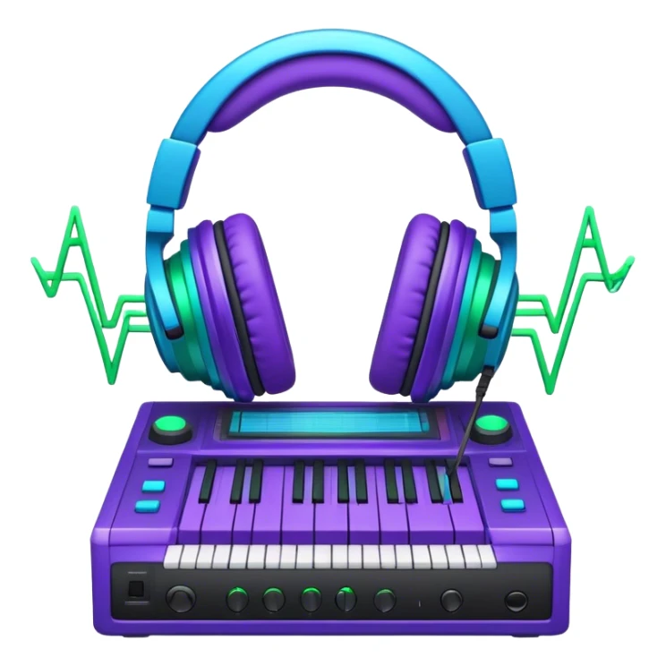 Create a creative and technical emoji that represents sound design. The design should feature a soundwave, a pair of studio headphones, and an audio synthesizer or soundboard to symbolize the manipulation and creation of unique soundscapes. Add subtle elements like audio cables, a mixing console, or a waveform to reflect the technical aspect of sound design. Use vibrant, futuristic colors like neon blue, purple, and green to represent innovation and creativity in sound. The background should be transparent. sticker