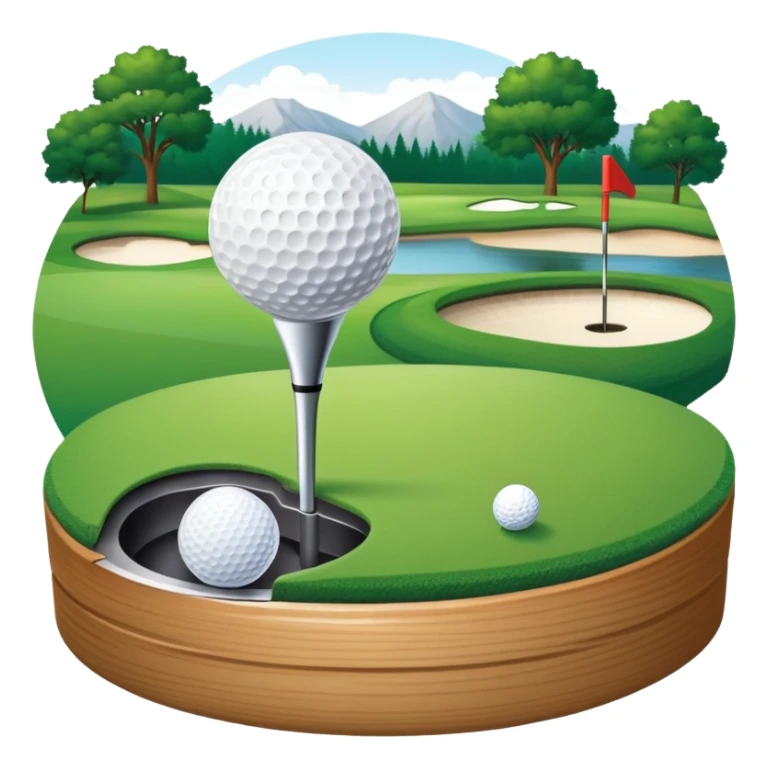 A golf ball on a tee with a golf club placed beside it, set against the backdrop of a well-manicured green golf course. The scene emphasizes the equipment and serene atmosphere of the sport, with soft lighting and a peaceful, open landscape sticker