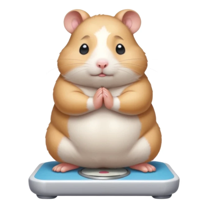 Cute chubby cartoon-style hamster standing on a bathroom scale, looking nervous with praying hands. Painterly shading, closed eyes, white background, sticker-style illustration sticker