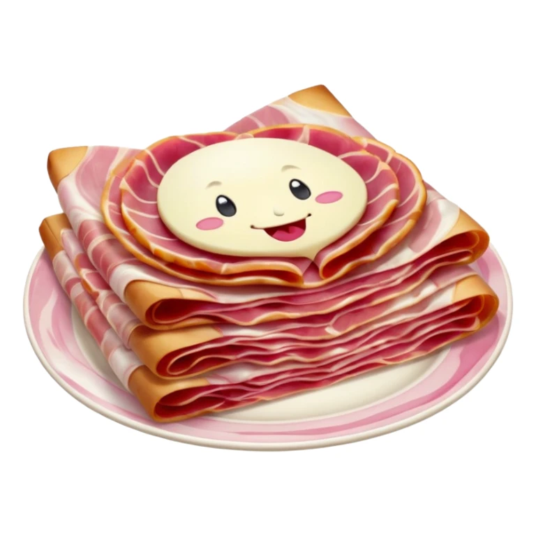 realistic jambon cru thin folded slices deep pink to red white fat streaks silky translucent marbled folds curls creamy integrated fat no bread fruit plate faces clean 3D soft lighting transparent background emoji scale sticker