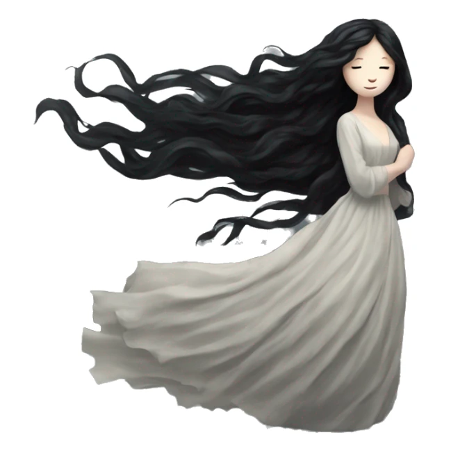 Dramatic girl  very pale with dark lighting  with black hair  in river with very very long lace dress  black long hair flying in the wind no face  sticker