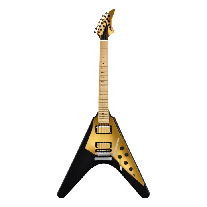 Create a bold and dynamic emoji representing the Epiphone Dave Mustaine Flying V Custom electric guitar. The design should feature the sharp, iconic V-shaped body of the guitar, with a custom finish reflecting Dave Mustaine’s signature style. Add intricate details like gold or chrome tuning pegs and pickups, with subtle graphics or patterns that reflect the aggressive, heavy metal aesthetic. Use a color palette of black, gold, and red, with a touch of metallic sheen for the high-end finish. The background should be transparent to emphasize the guitar's iconic shape sticker