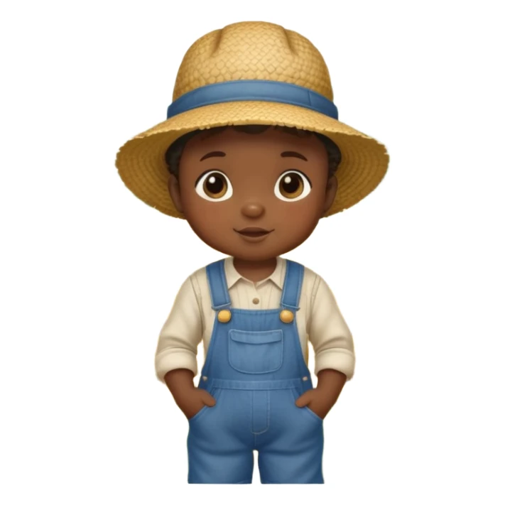 African baby in vintage countryside clothes, overalls, straw hat, chubby cheeks, rural farm setting sticker