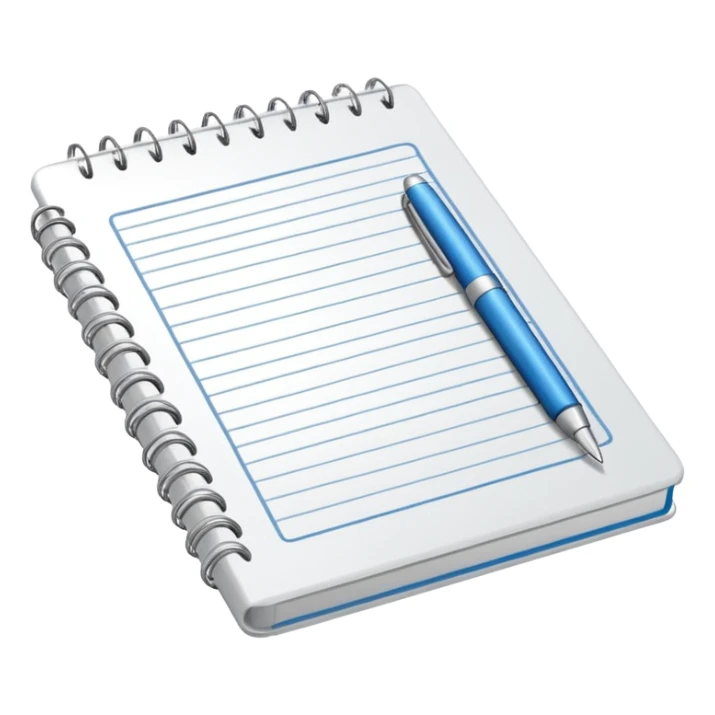 Minimal line-art icon of a notebook with a pen, clean modern style, simple outlines, slightly 3D, no background, transparent, suitable for video overlays, “documenting / journaling / tracking progress” theme. sticker
