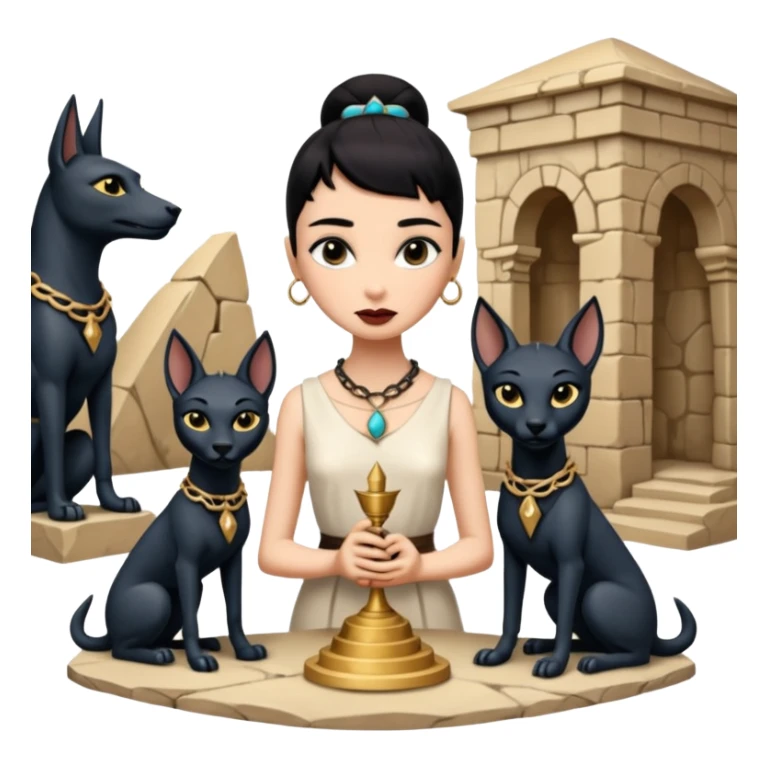 Kindly mannered real Audrey Hepburn cleopatra Protecting silky black-haired tiny chained-slave-adorned statuette scale feral evil-eyed Anubis dessert scenery stone-age cracked irregular dwelling  sticker