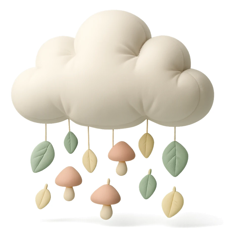 cloud raining tiny leaves and mushrooms, whimsical rain, pastel tones, cushion style sticker