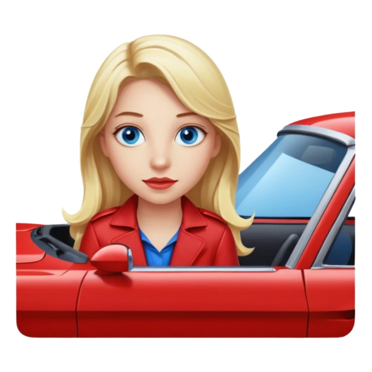 Blonde girl in red Mustang with blue eyes sticker