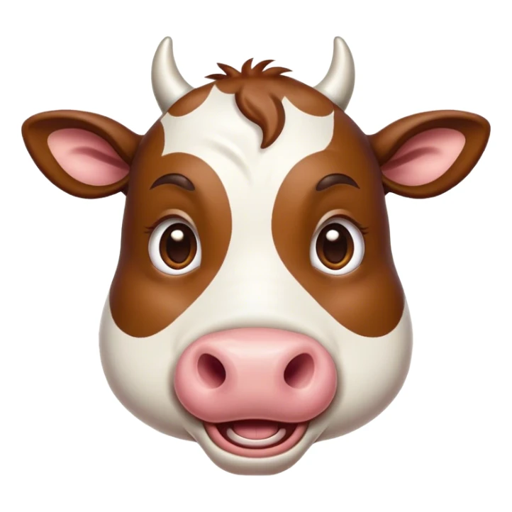 Cinematic Comical Brown and White Cow Portrait Emoji, Head tilted dramatically with an exaggeratedly amused expression, featuring a striking, glossy hide with a dynamic mix of brown and white, wide, expressive brown eyes filled with playful disbelief, Simplified yet hilariously expressive features, highly detailed, glowing with a slightly sassy glow, high shine, dramatic yet playful, stylized with an air of cheeky mischief, bright and endearing, soft glowing outline, capturing the essence of a spirited and over-the-top cow, so meme-worthy it feels like it could moo its way into internet fame instantly! sticker