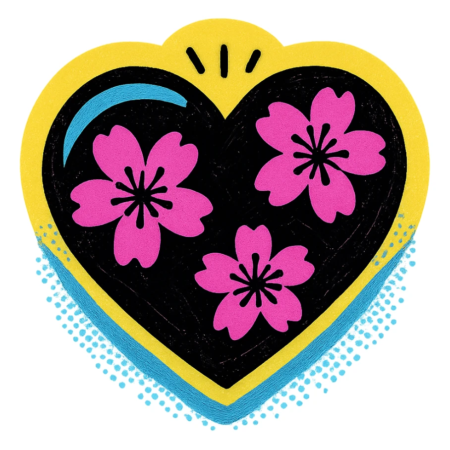 goth sakura heart, pop art style, black heart with bright pink sakura, halftone dots, bold and graphic sticker