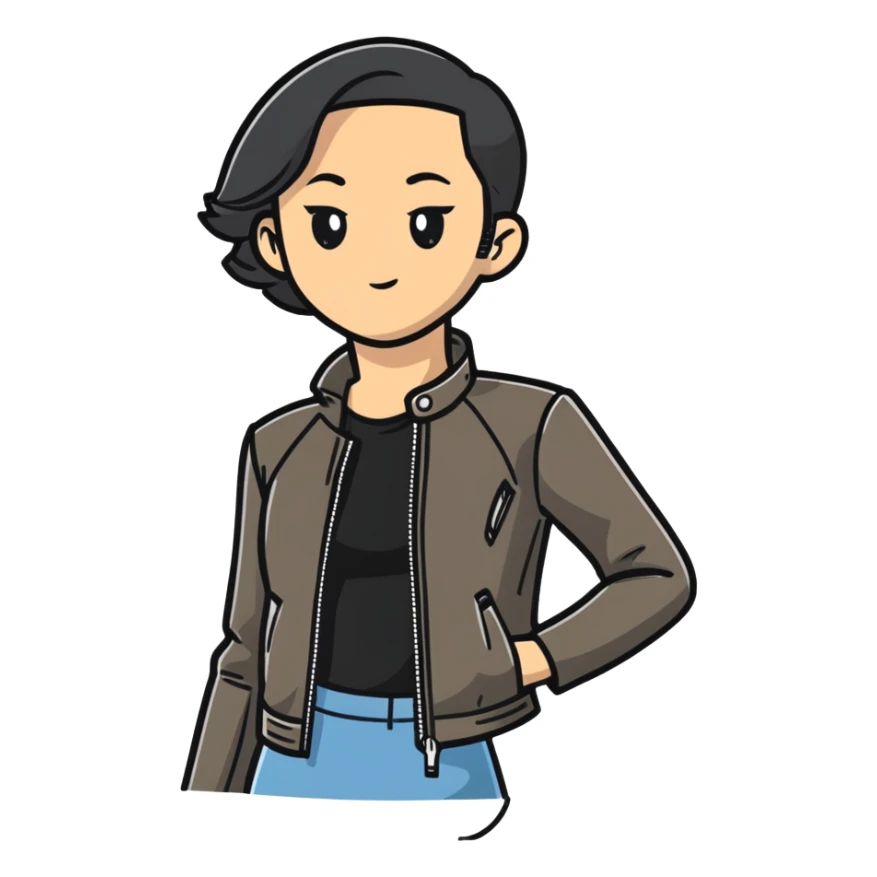 female character with oval-shaped flat-top head wearing a tight-fitting elbow-length black leather jacket sticker