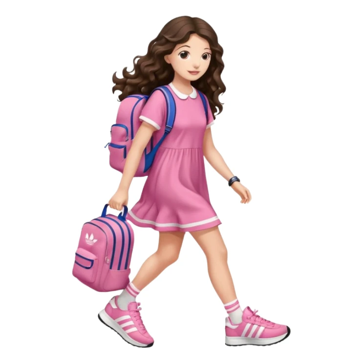 aestethic brunette very,very,very long wavy hair walking with a school backpack, with a cute pink dress, adidas samba shoes sticker
