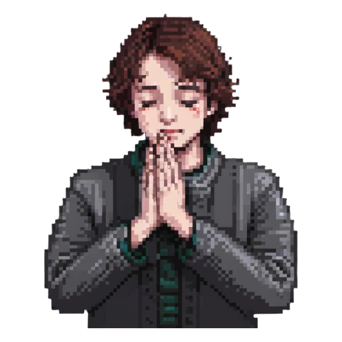 person with hands folded in prayer, looking upward sticker