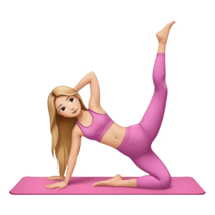 girl with long brown hair with blonde highlights, stretching her lower back on a pink yoga mat sticker