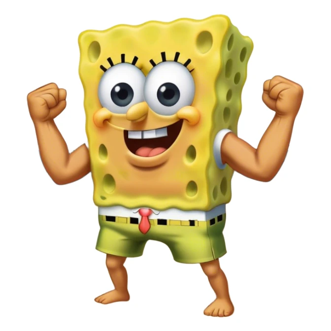 Create a sticker of SpongeBob pulling out muscles on the beach sweating and doing strength sticker
