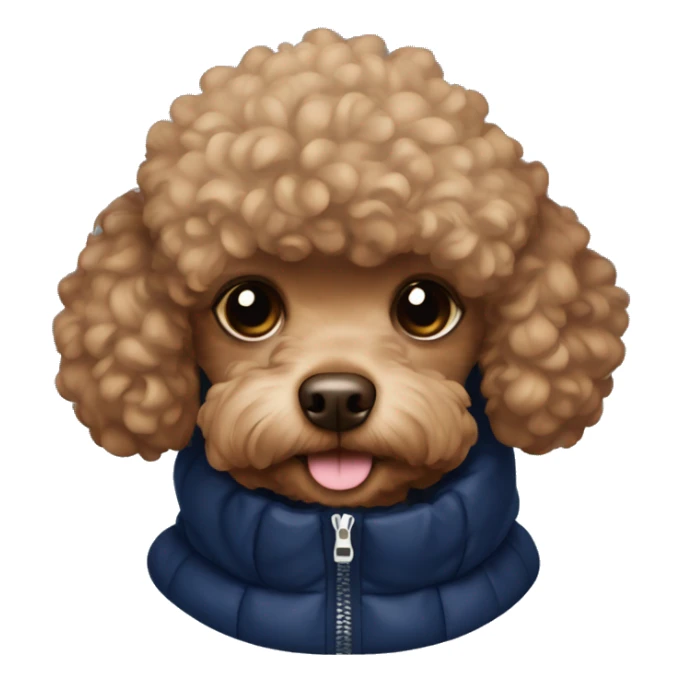 Brown toy poodle wearing a navy blue puffer jacket  sticker