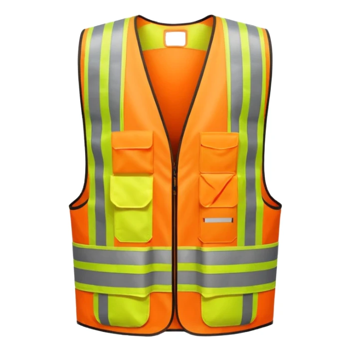 orange safety vest with bright yellow reflective stripes, construction site workwear, emoji style sticker